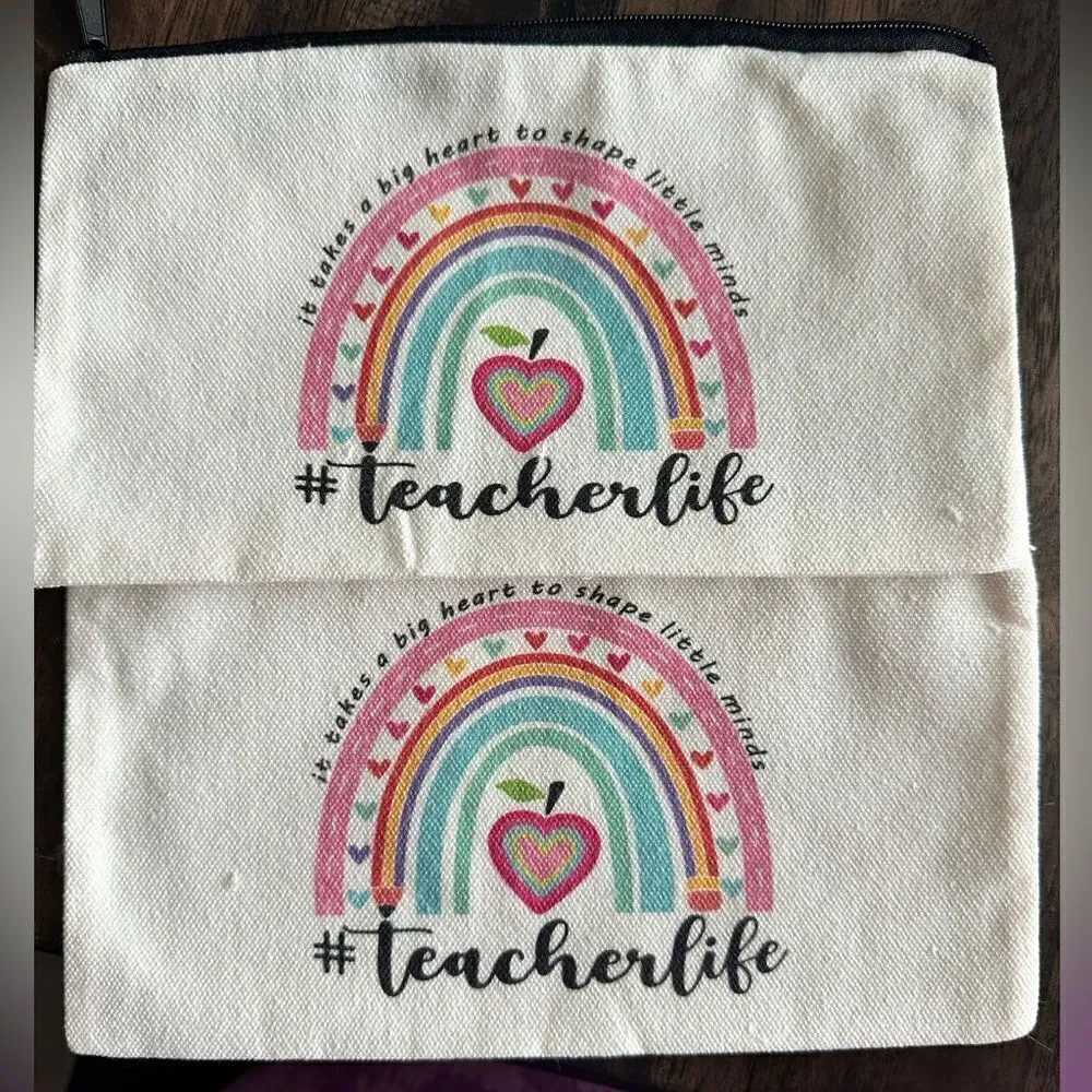NWT Cream Canvas Pouch Rainbow Design Teacher Life- Makeup Bag - Set of 2